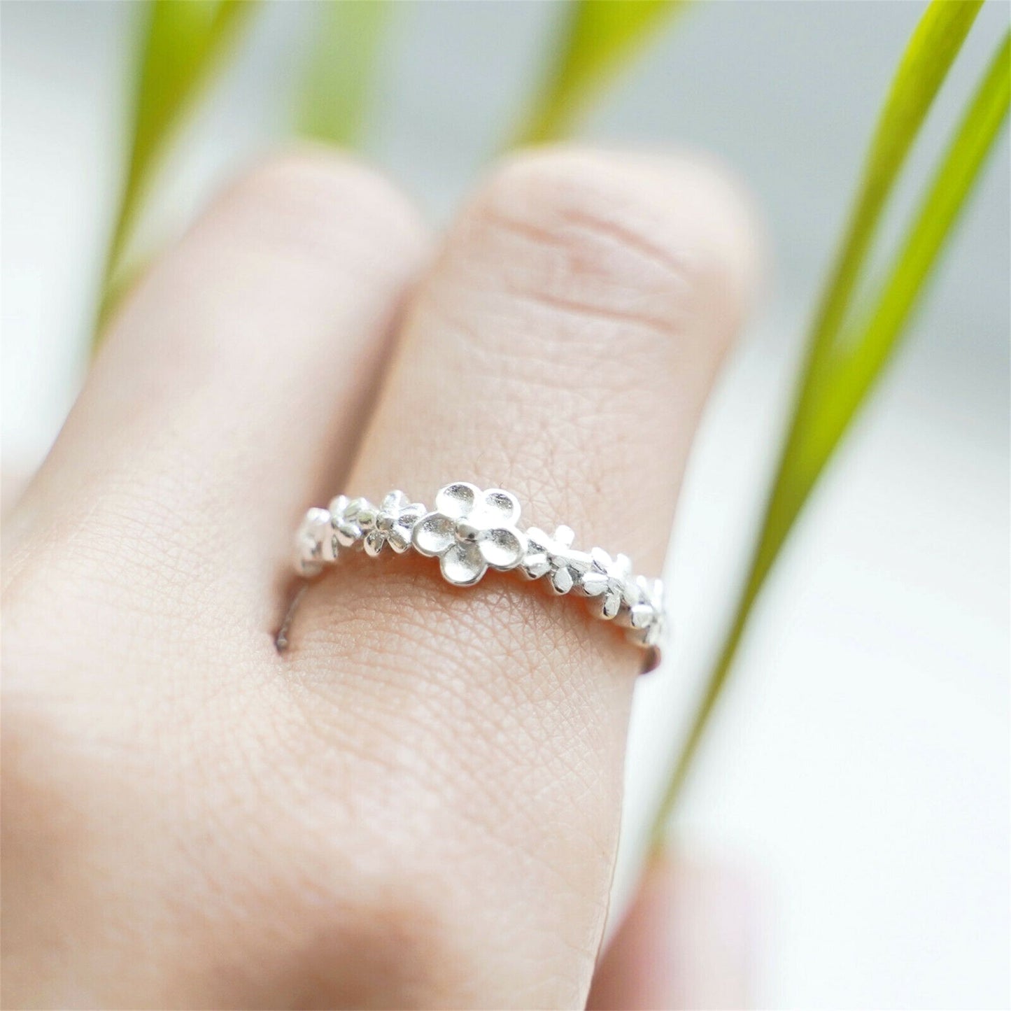 Sterling Silver Linked Flowers Flower Branch Open Band Ring L - P Adjustable - sugarkittenlondon