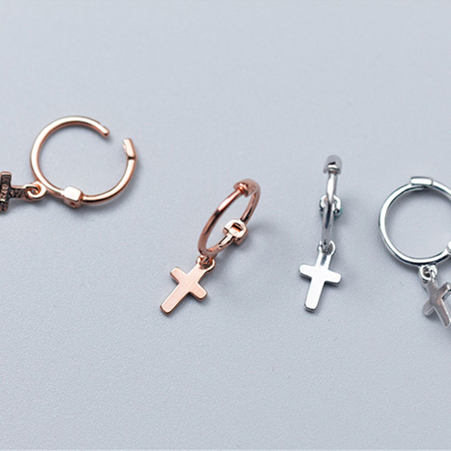 Rose Gold on Sterling Silver Cross Hoop Earrings with Sterling Silver Charm