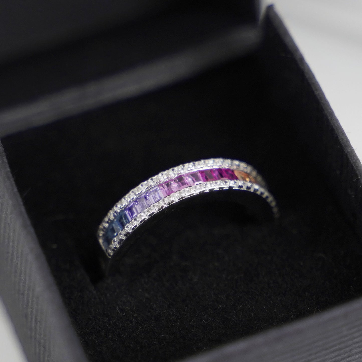 Sterling Silver Half Channel Set Baguette Rainbow Multi-Colour CZ Eternity Ring - sugarkittenlondon