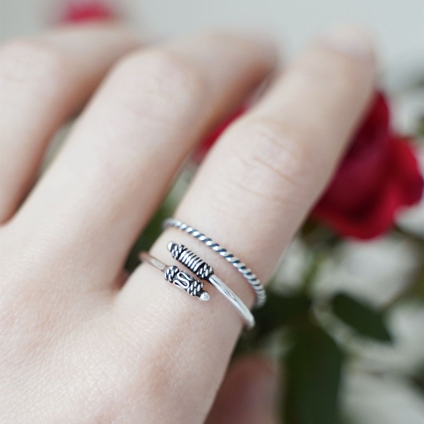 Sterling Silver Oxidized Totem Knot Retro Knuckle Midi Pinkie Ring UK N Adjustable - sugarkittenlondon