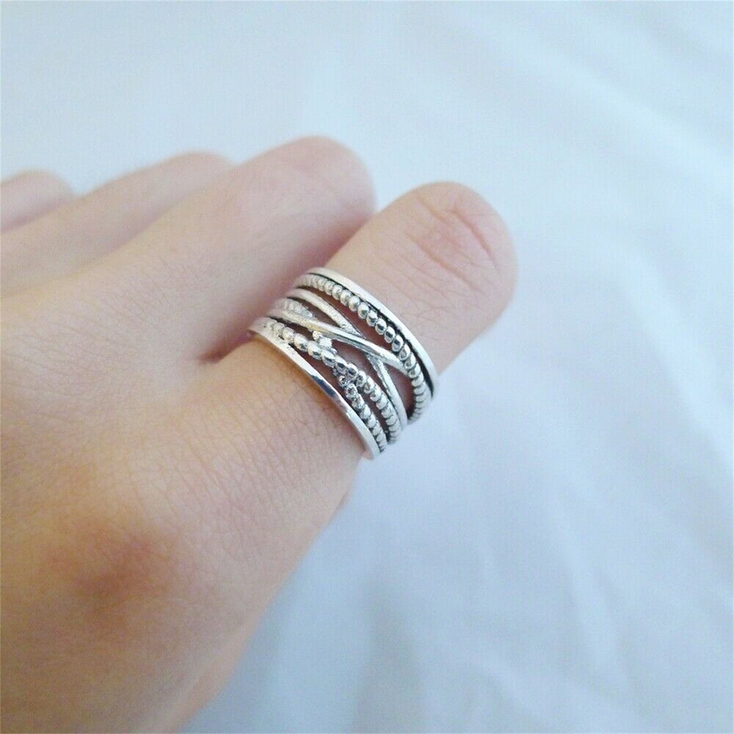 Sterling Silver Oxidized Wide Entwine Entwining Rope Open Band Ring UK N - sugarkittenlondon