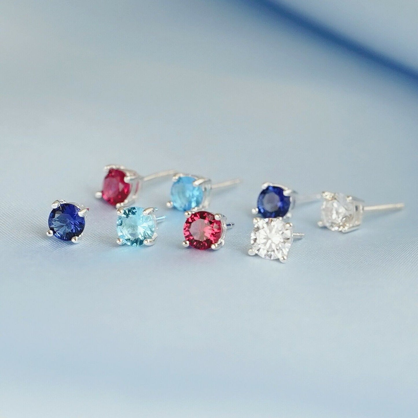 Sterling Silver 4 Claw Round 5mm CZ Ruby Sapphire Red Blue Stud Earrings - sugarkittenlondon