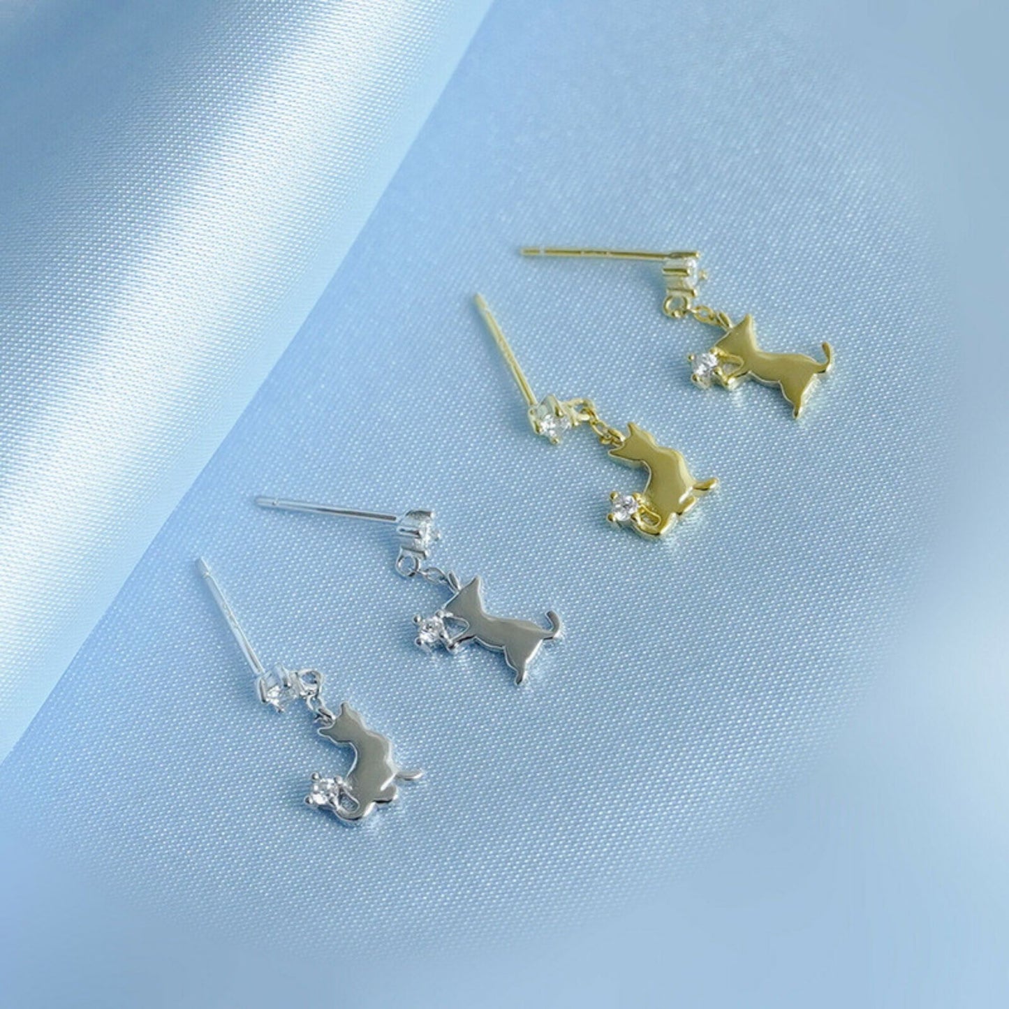 18K Gold Plated Sterling Silver Kitten Drop Stud Earrings with CZ