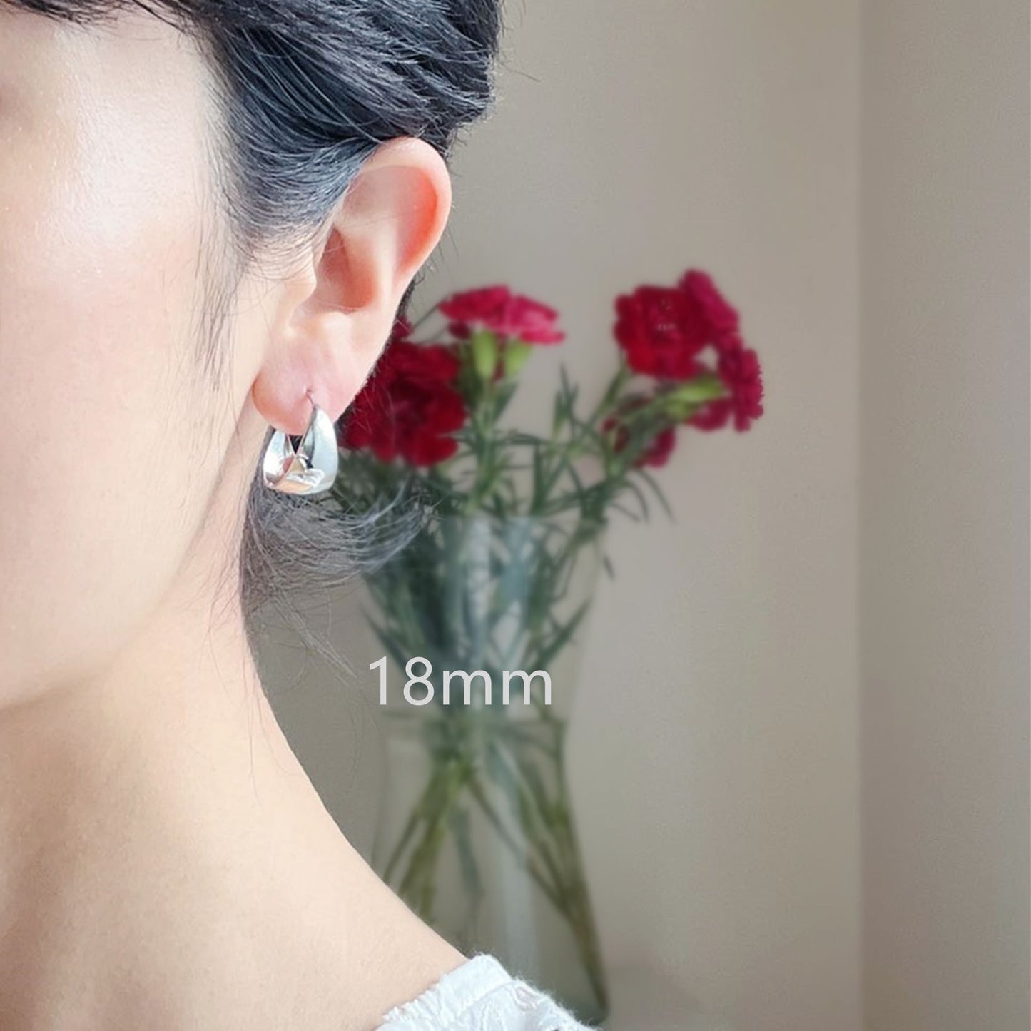 Rhodium-Plated Sterling Silver Wide Dome Sleeper Drop Hoop Huggie Earrings 16-18mm