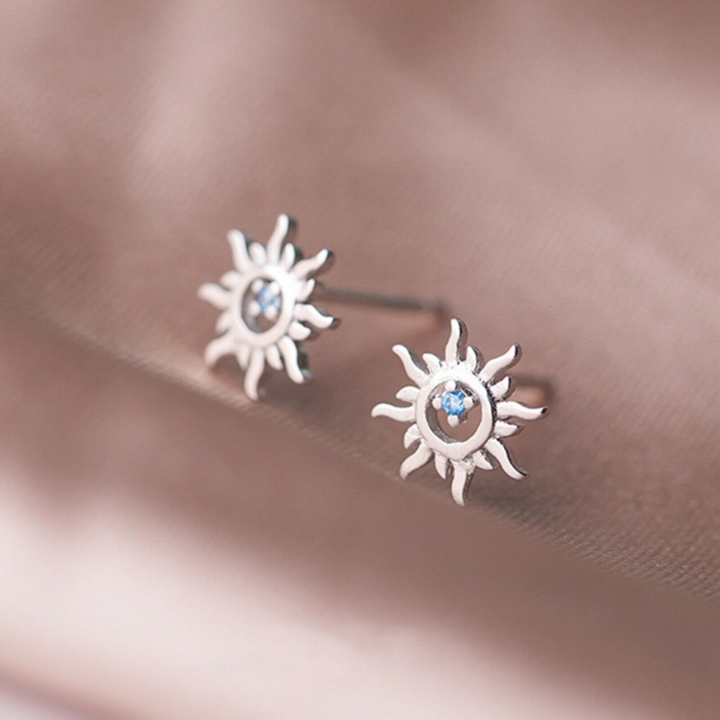 Sparkling Sun Earrings with Light Blue Aquamarine CZ in 925 Sterling Silver