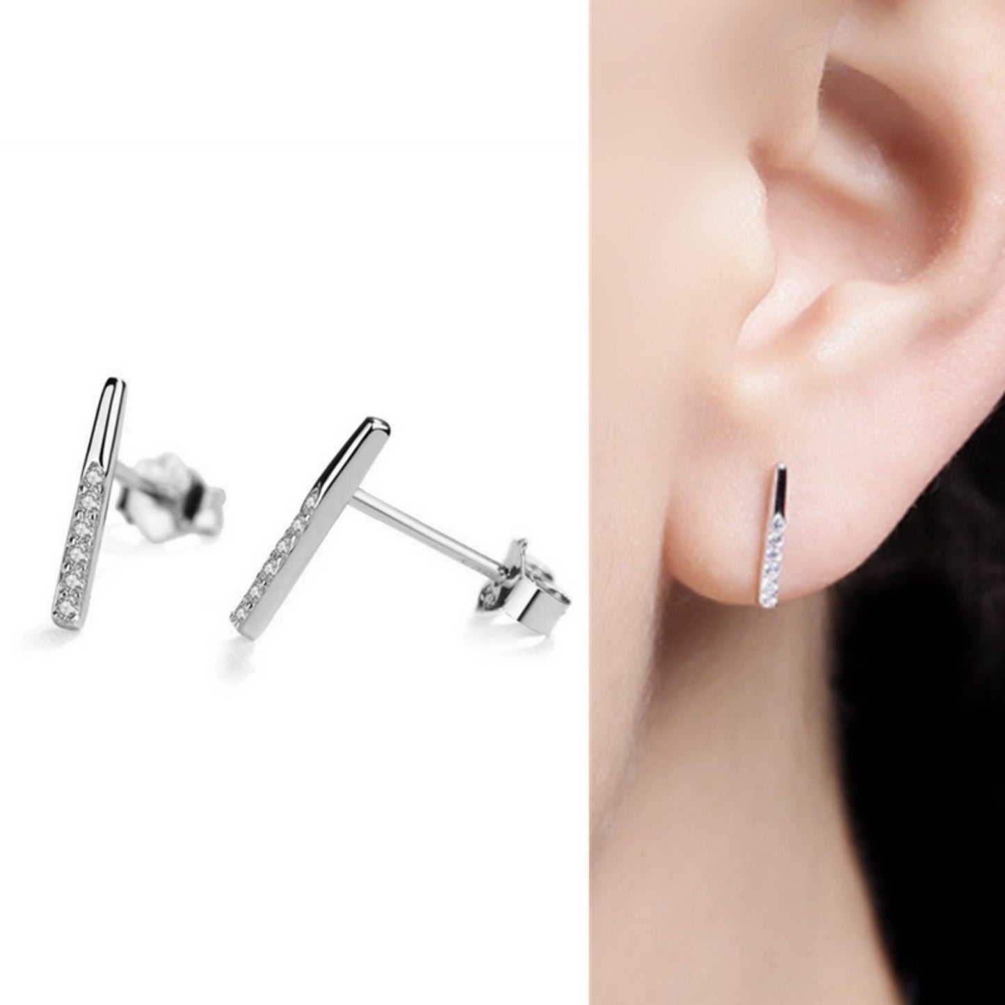 Sterling Silver Simple Paved CZ Pin Line Pointy Bar Stud Earrings - sugarkittenlondon