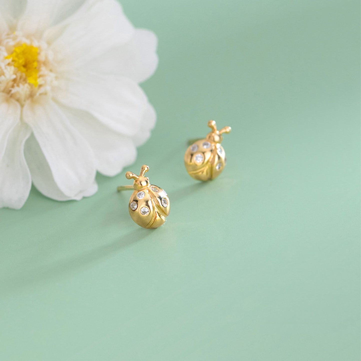 18K Gold on Sterling Silver Ladybird Stud Earrings with CZ