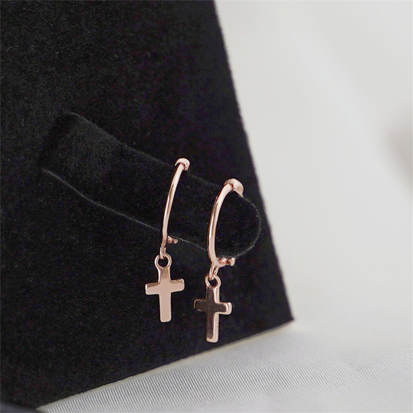 Rose Gold on Sterling Silver Cross Hoop Earrings with Sterling Silver Charm