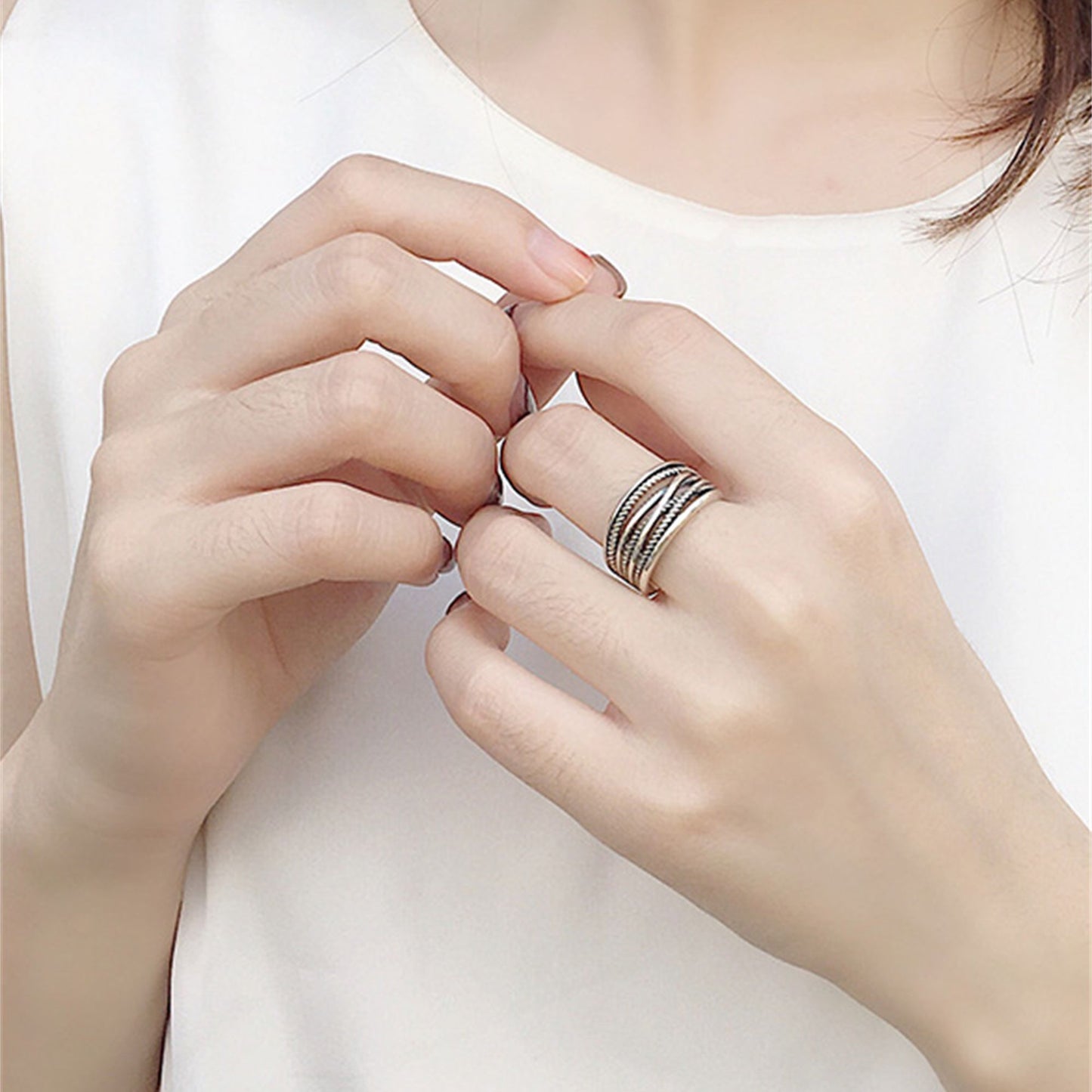 Sterling Silver Oxidized Wide Entwine Entwining Rope Open Band Ring UK N - sugarkittenlondon