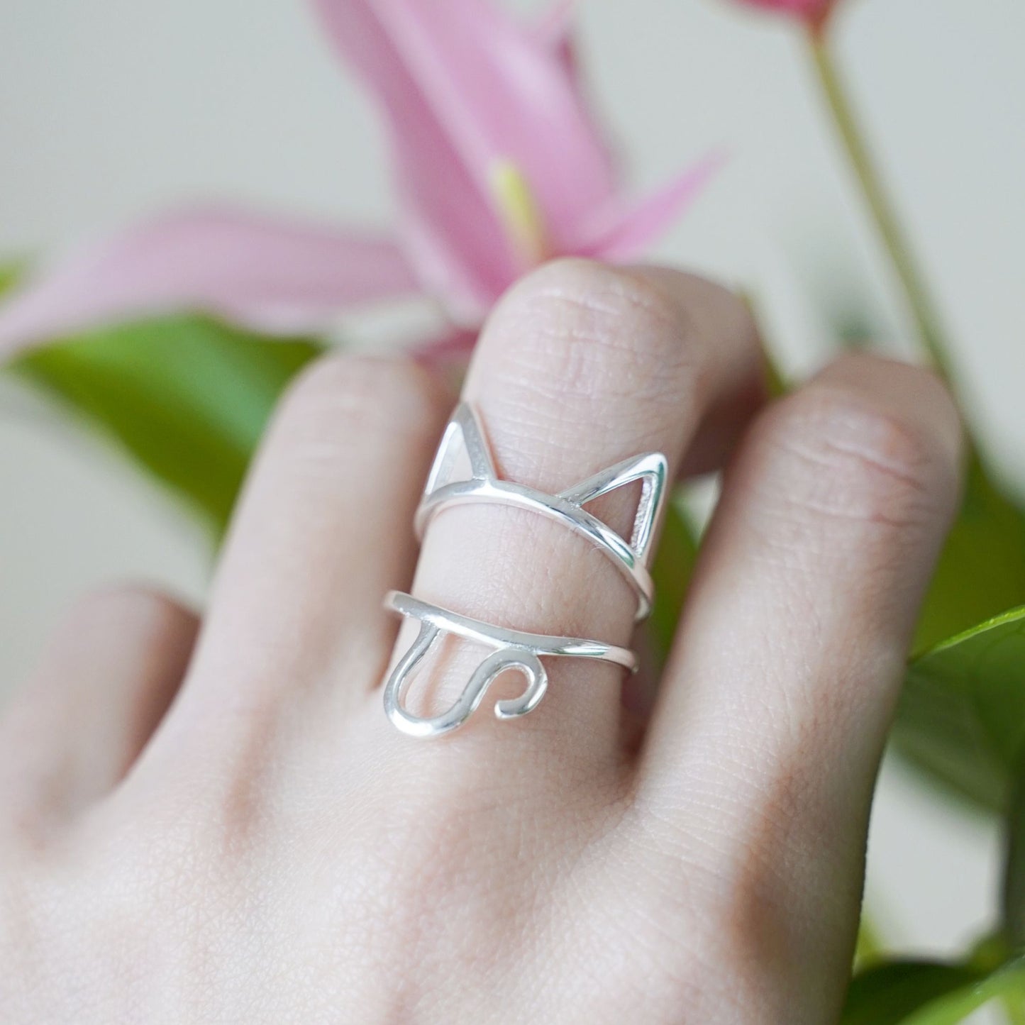 Sterling Silver Hollow Cat Kitten Long Tail Wrap Ring N Adjustable - sugarkittenlondon
