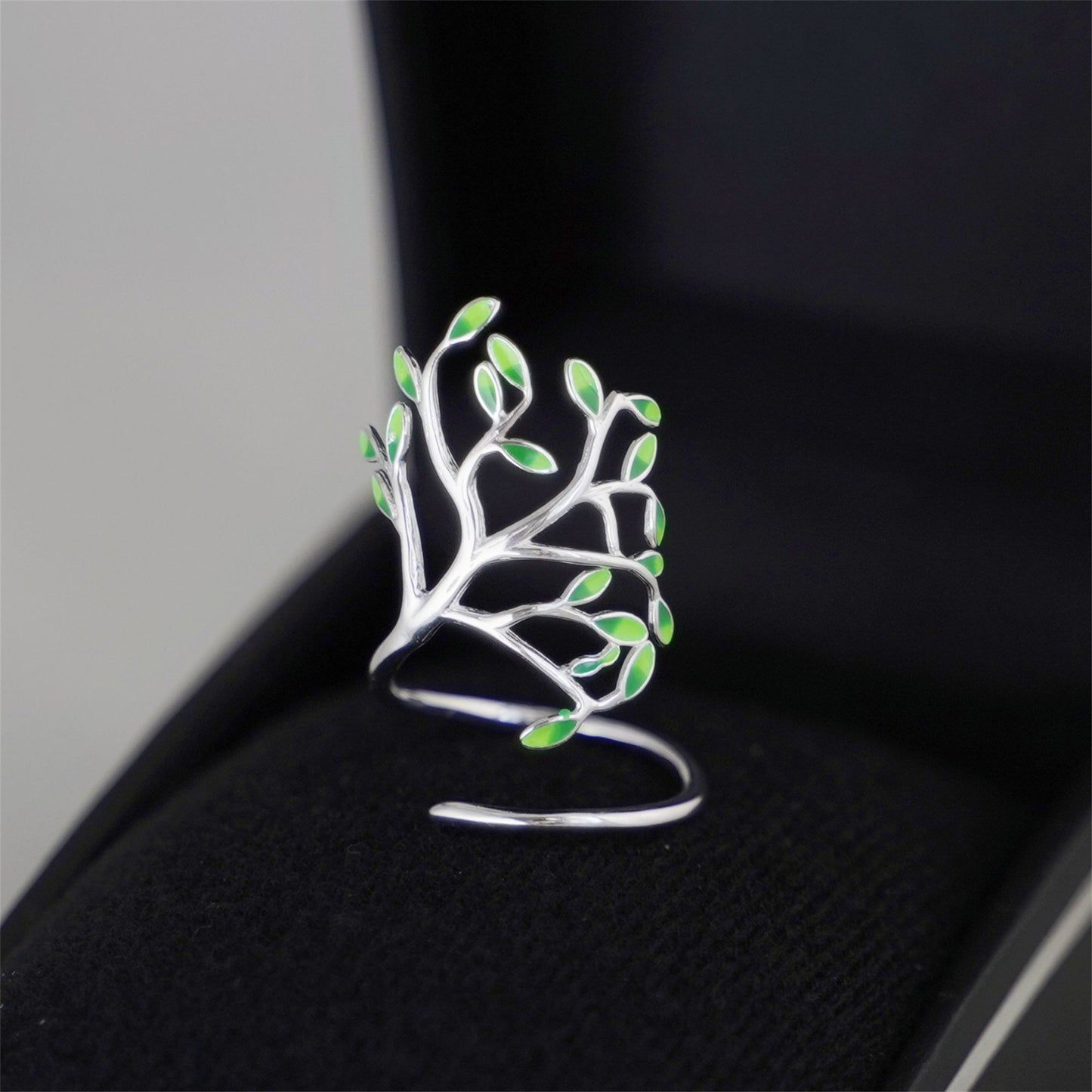 Sterling Silver Tree of Life Green Glazed Leaf Branch Forest Wrap Ring - sugarkittenlondon