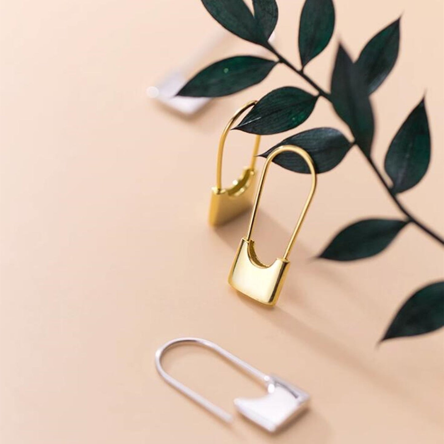 925 Sterling Silver Safety Pin Hoop Earrings with Padlock Charm