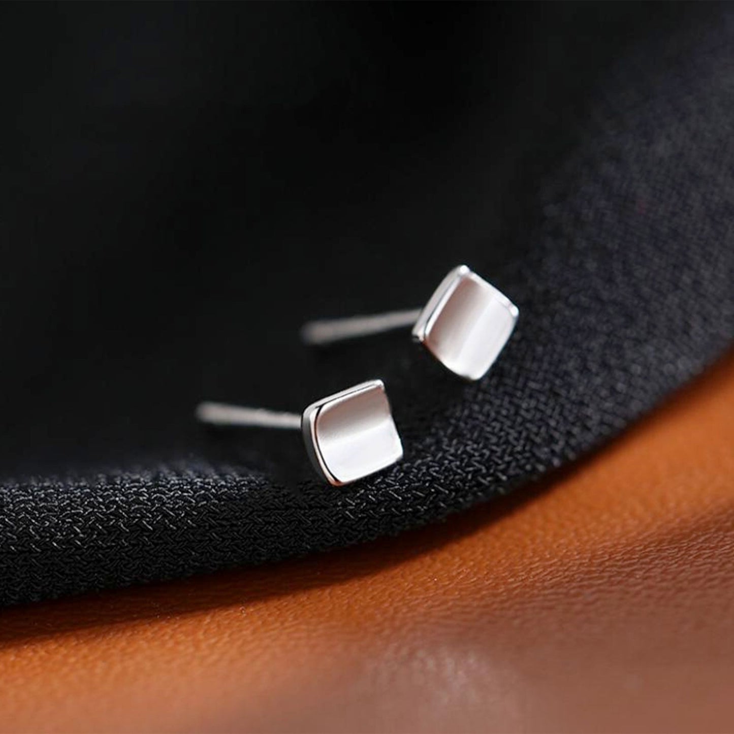 Sterling Silver Mini Bent Concaved Cube Square Stud Earrings 2 Tones - sugarkittenlondon