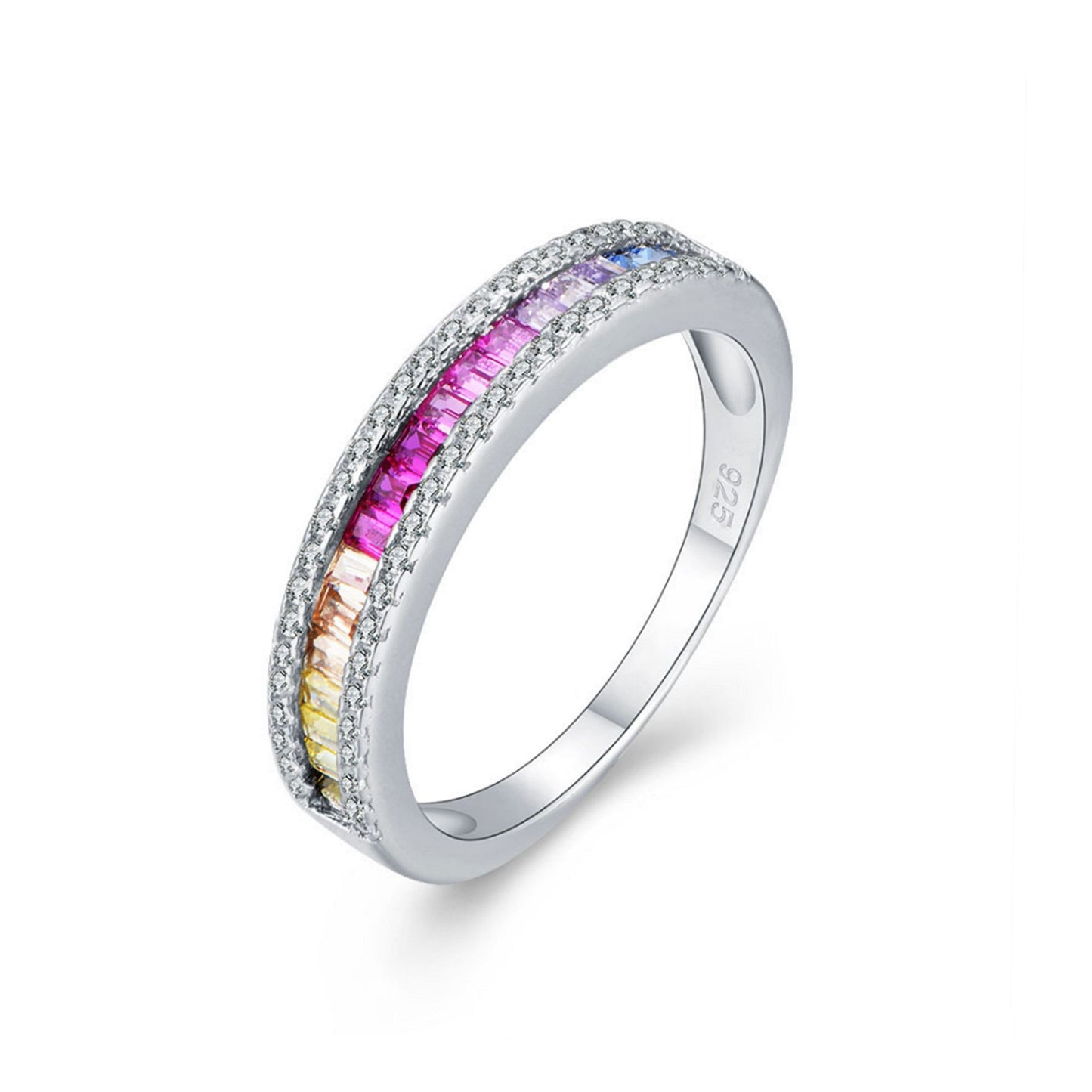 Sterling Silver Half Channel Set Baguette Rainbow Multi-Colour CZ Eternity Ring - sugarkittenlondon