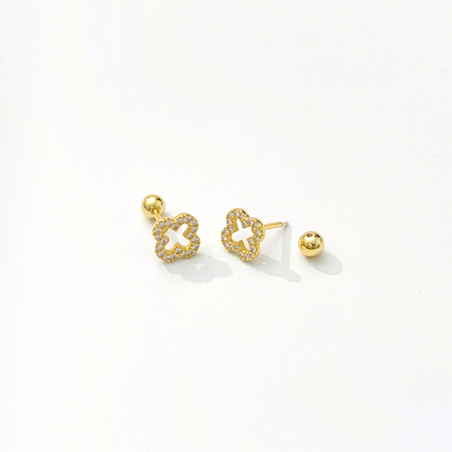 925 Sterling Silver 4 Leaf Clover Pave CZ Bead Ball Screw Back Stud Earrings