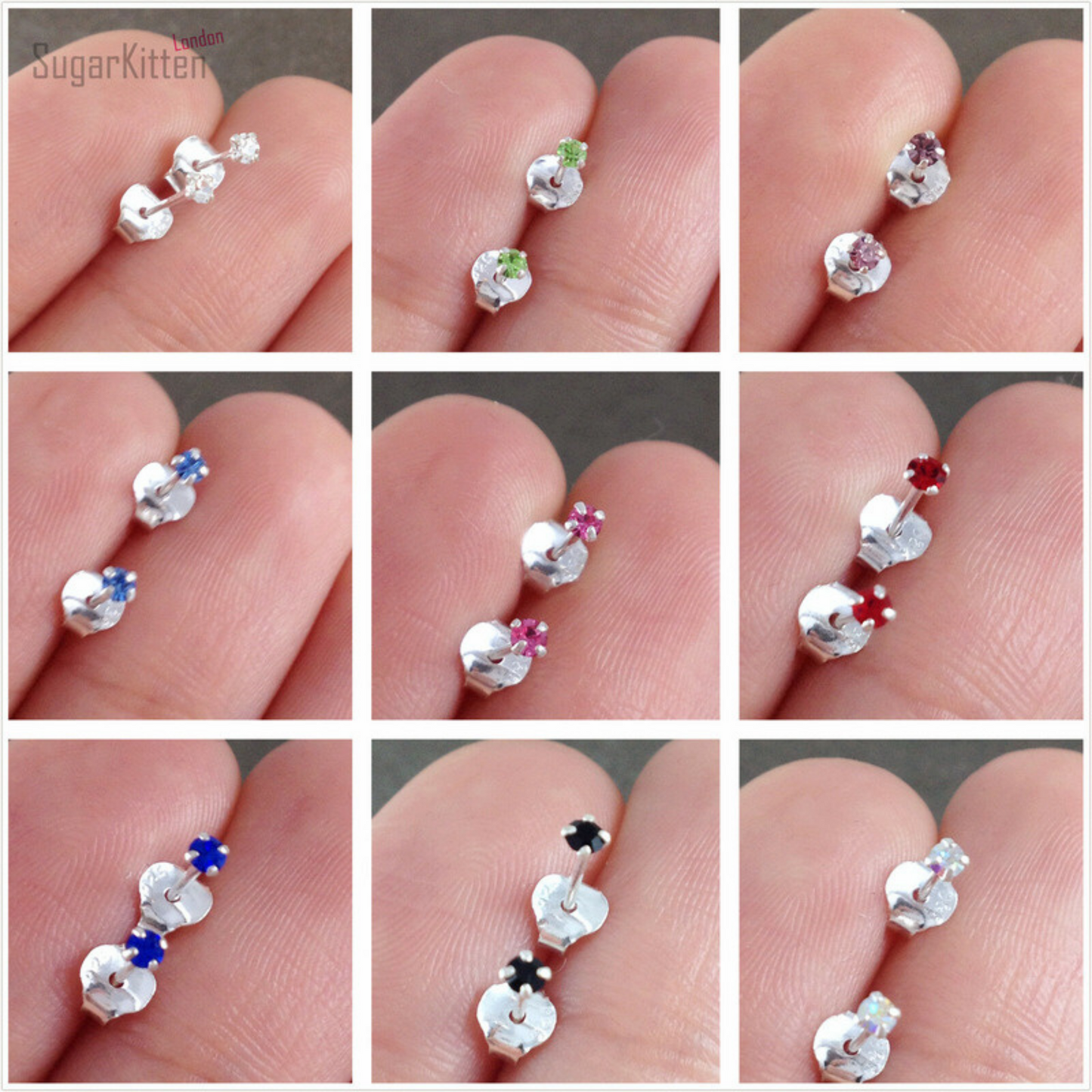 Sterling Silver Tiny 1.5mm CZ Clear Blue Black Red Opal Green Earrings - sugarkittenlondon