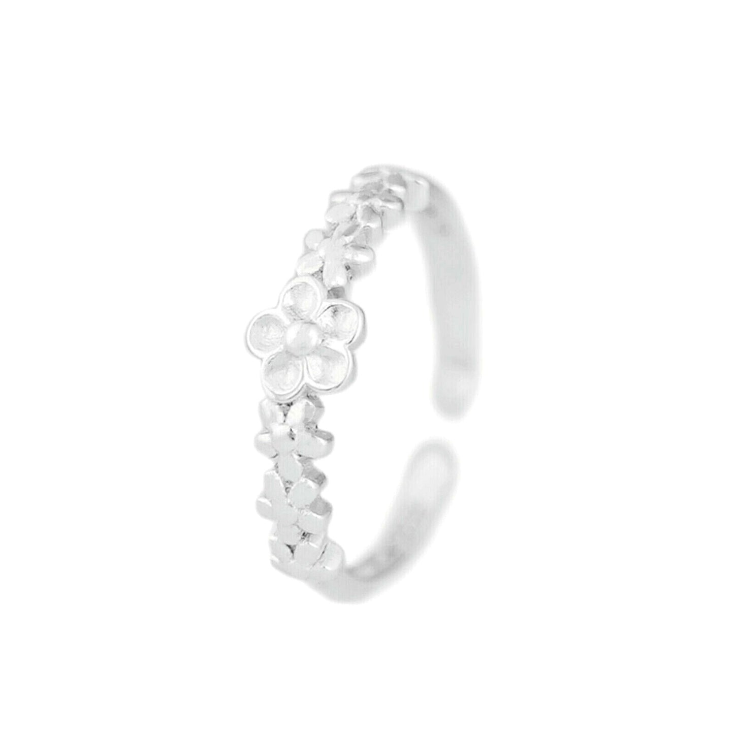 Sterling Silver Linked Flowers Flower Branch Open Band Ring L - P Adjustable - sugarkittenlondon