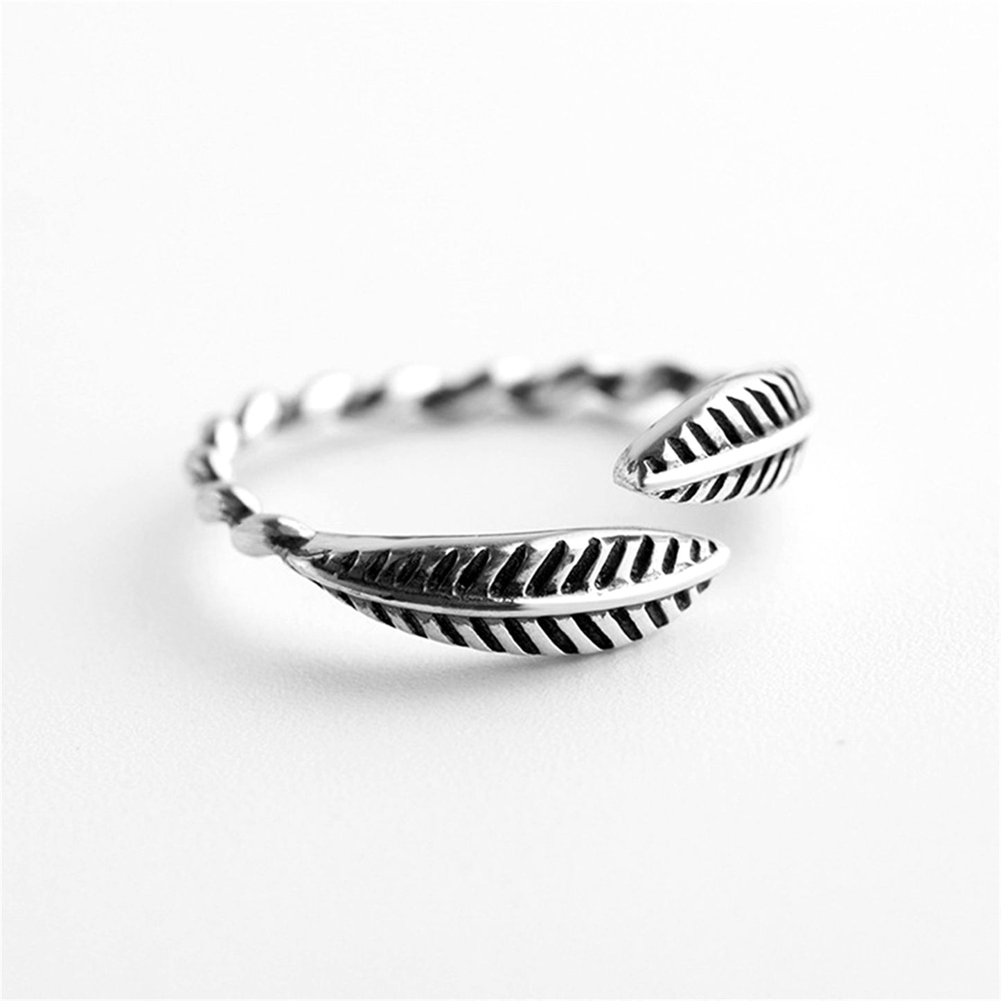 Sterling Silver Oxidized Feather Leaf Leaves Twisted Wire Knuckle Stacking Ring - sugarkittenlondon