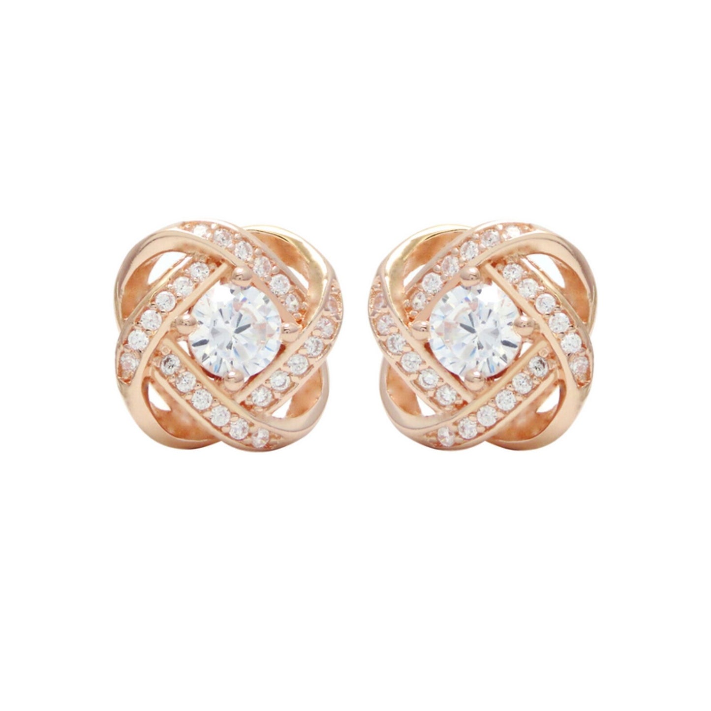 Rose Gold on Sterling Silver CZ Halo Knot Flower Stud Earrings Jewellery Lady II - sugarkittenlondon