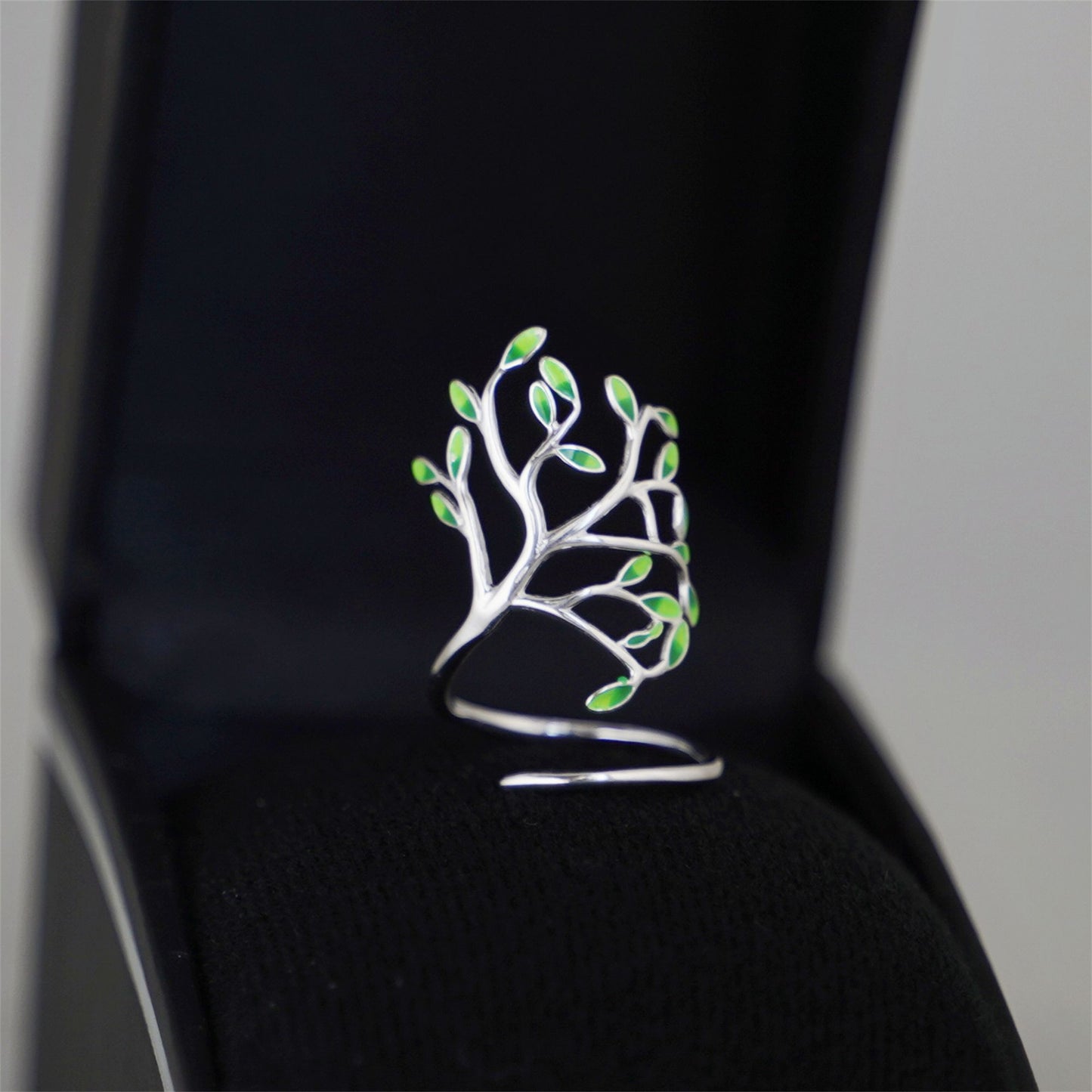 Sterling Silver Tree of Life Green Glazed Leaf Branch Forest Wrap Ring - sugarkittenlondon