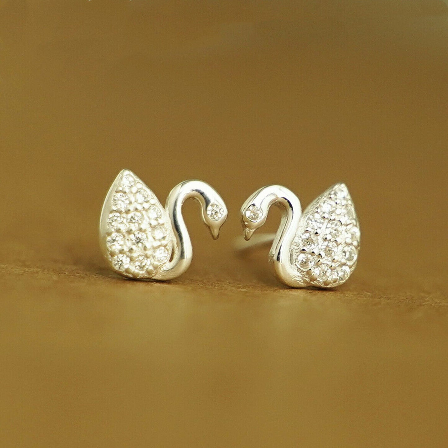 925 Sterling Silver Swan Stud Earrings with Paved CZ