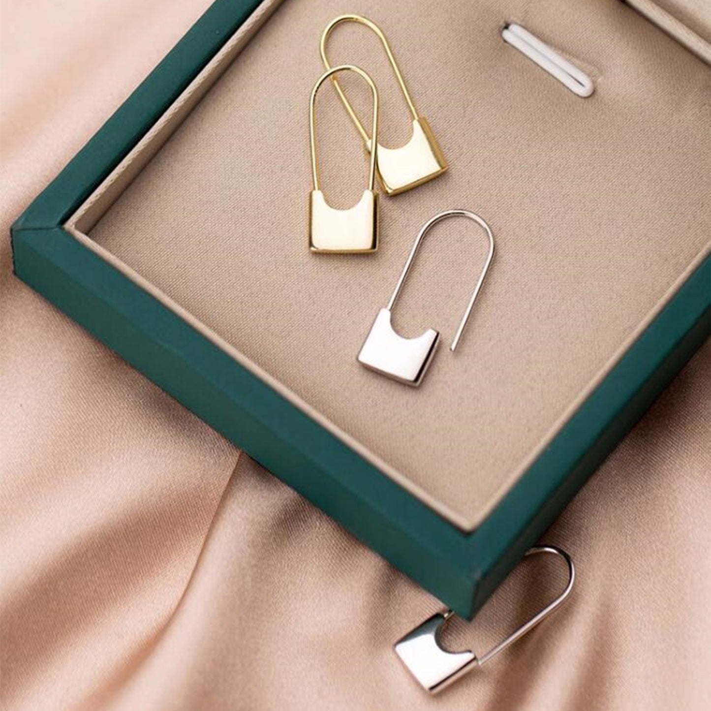 925 Sterling Silver Safety Pin Hoop Earrings with Padlock Charm