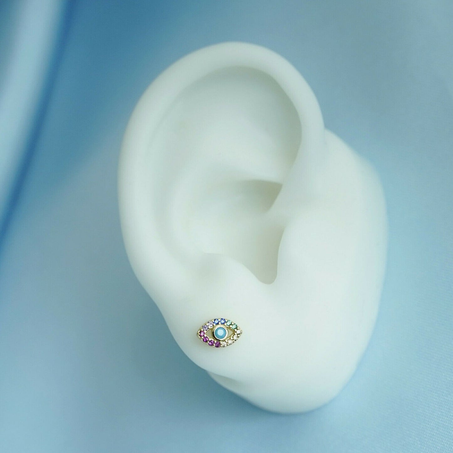 Sterling Silver Evil Eye Stud Earrings with 14K Gold Plating, Rainbow CZ and Turquoise