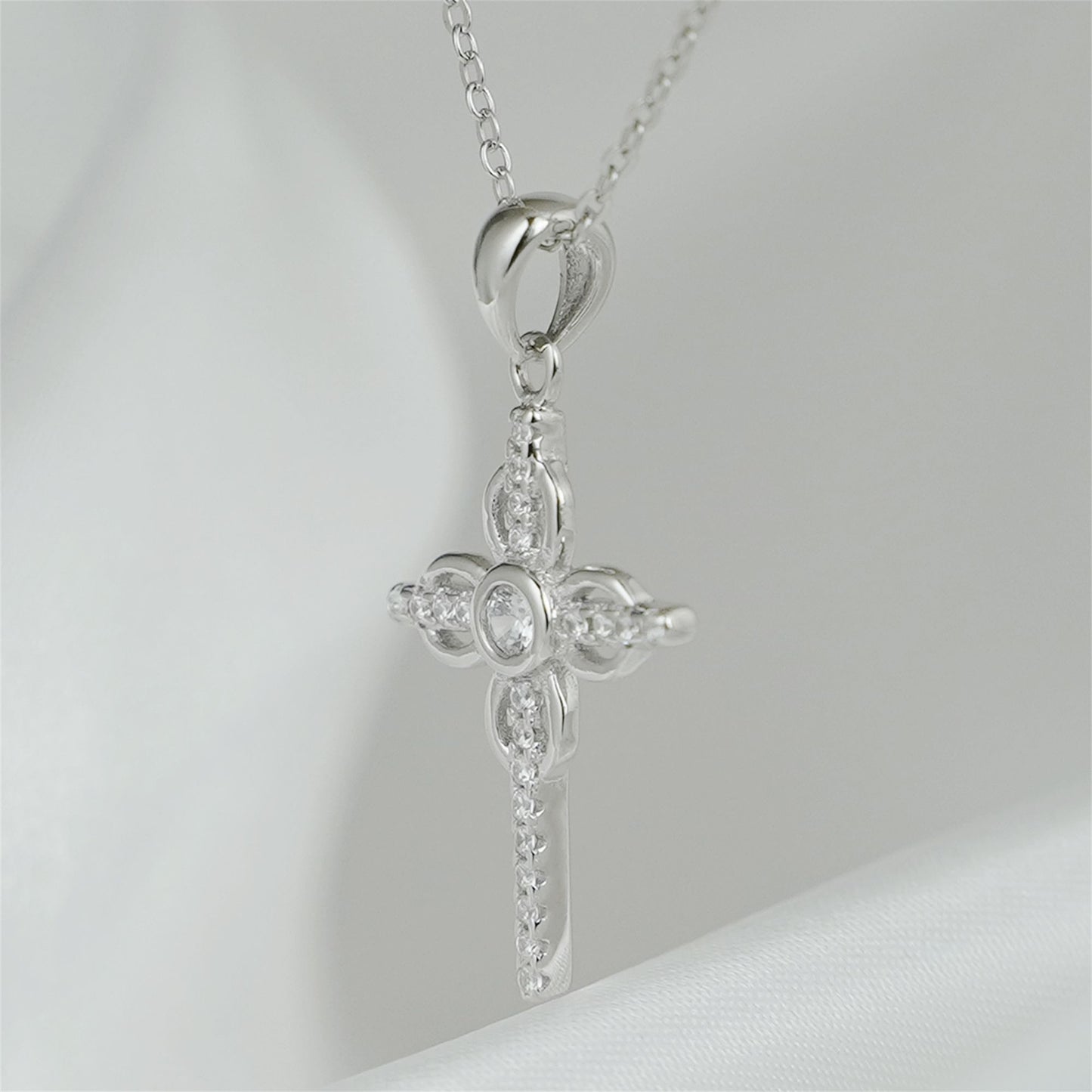 Sterling Silver Thin Paved CZ Ribbon Cross Bezel CZ Centre Pendant Necklace - sugarkittenlondon