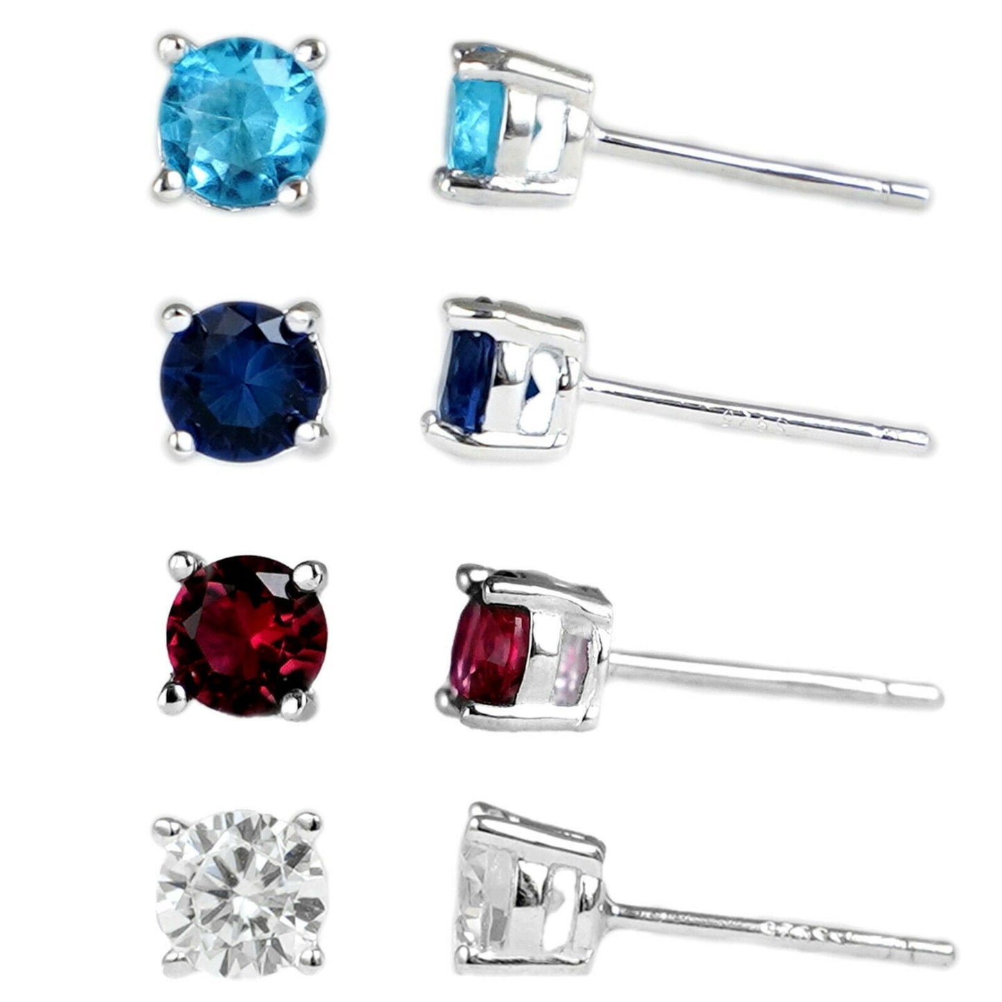 Sterling Silver 4 Claw Round 5mm CZ Ruby Sapphire Red Blue Stud Earrings - sugarkittenlondon