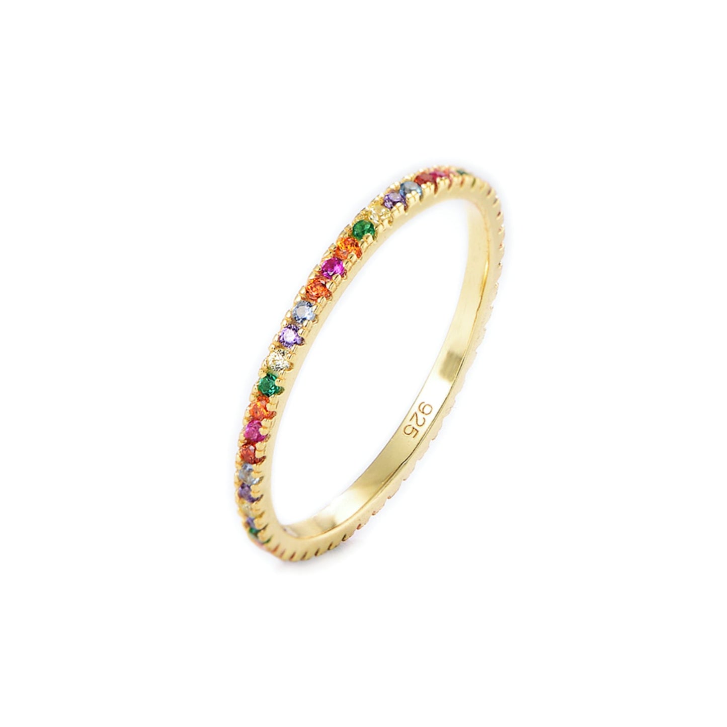 14K Gold on Sterling Silver Full Eternity Rainbow 1mm CZ Crystal Stacking Ring - sugarkittenlondon
