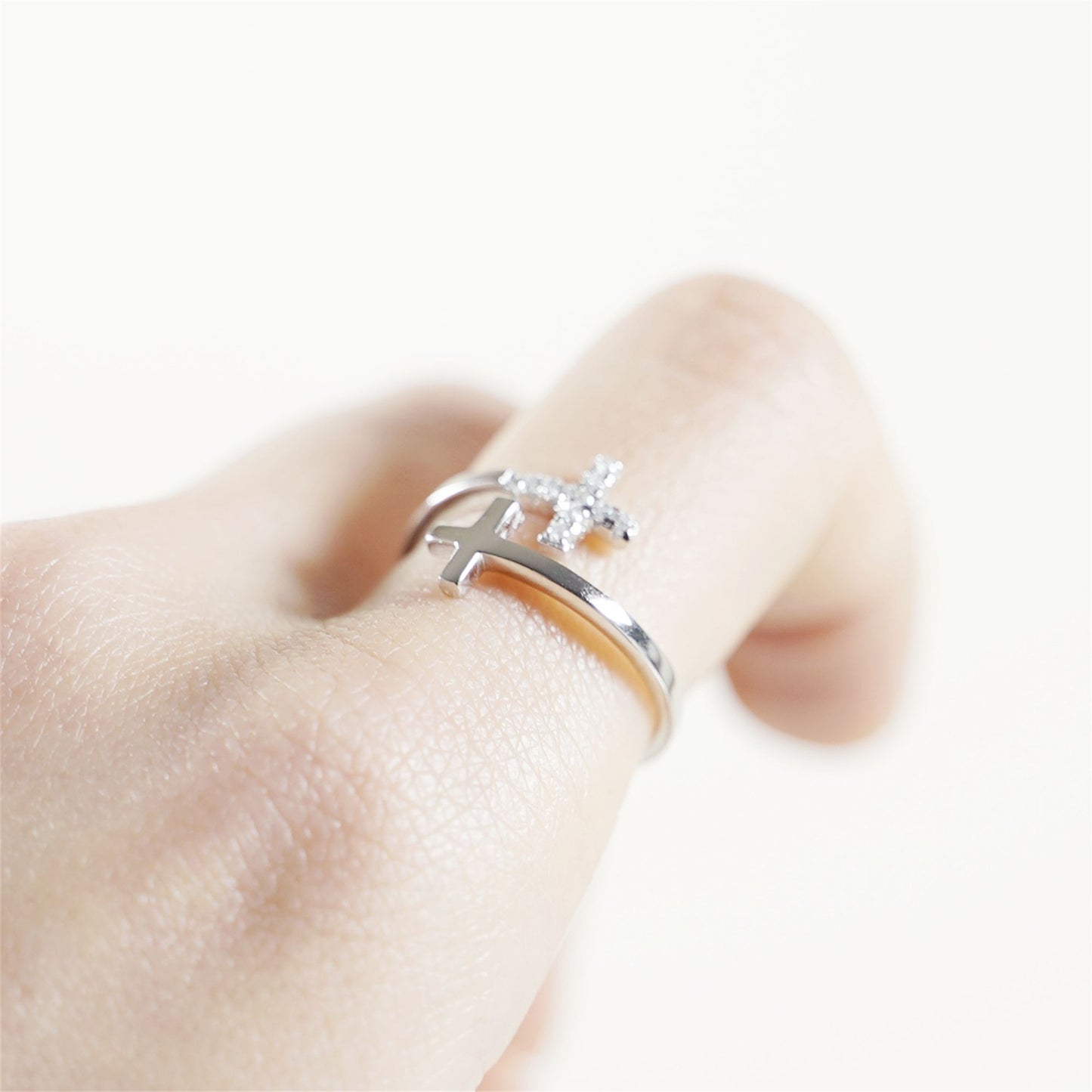 Rhodium on Sterling Silver Double Cross Paved CZ Wrap Open Band Ring - sugarkittenlondon