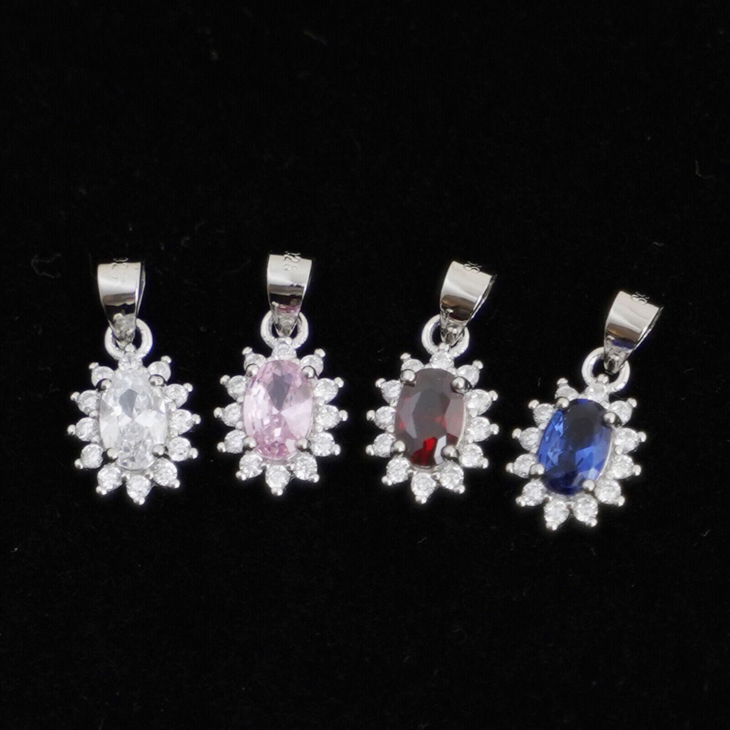 Sterling Silver Classic Blue Sapphire Colour Oval CZ Cluster Pendant Necklace - sugarkittenlondon