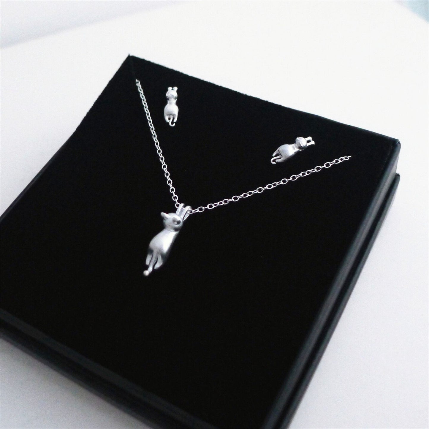 Sterling Silver Matte Hanging Cat Jumping Kitten Stud Earrings Pendant Necklace - sugarkittenlondon