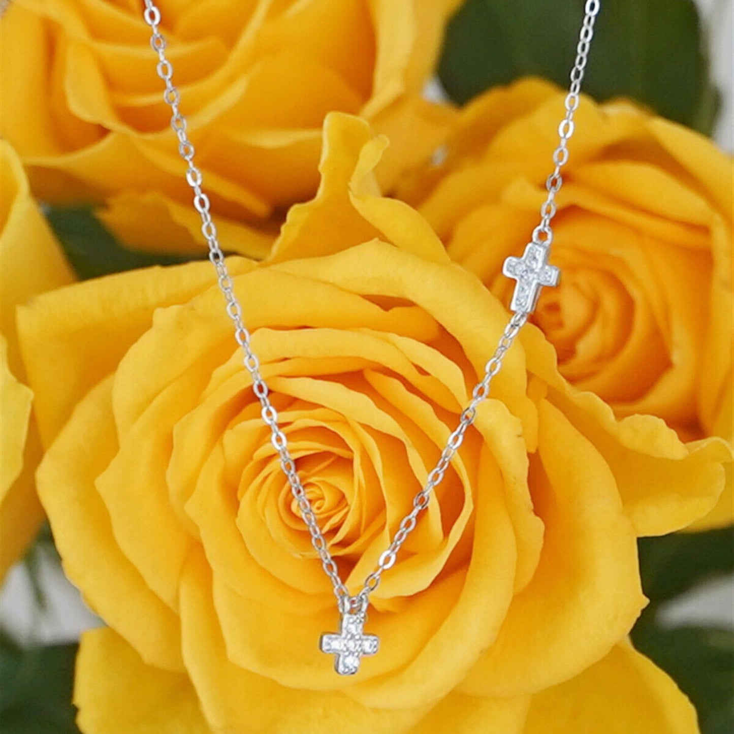 SKL Sterling Silver Double Cross Micro Pave Cz Sideways Horizontal Charm Necklace - sugarkittenlondon