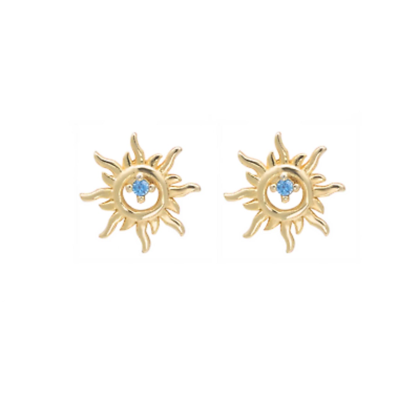 925 Sterling Silver Sun Earrings with 18K Gold Plating and Light Blue Aquamarine CZ