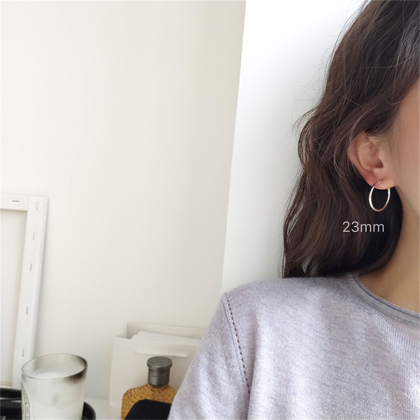 Sterling Silver 2mm Sleeper Hoop Earrings with 13mm/18mm/23mm Circle Drop