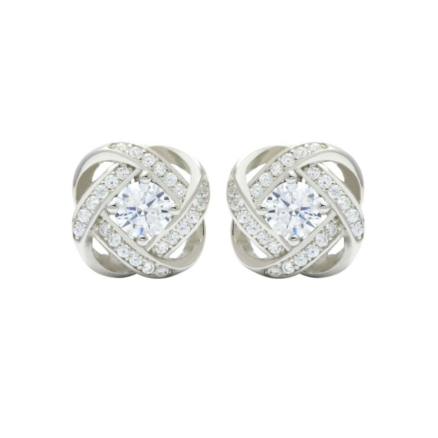 Sterling Silver CZ Halo Knot Flower Stud Earrings Jewellery Women Lady II - sugarkittenlondon