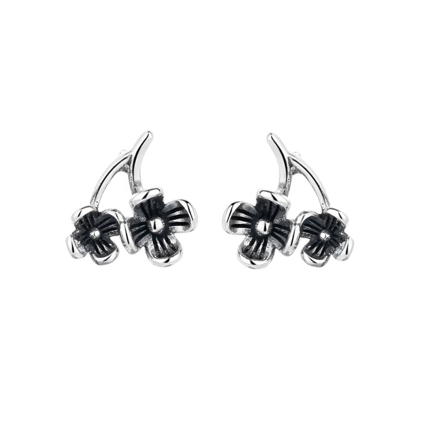 Sterling Silver Oxidized Retro Flower Branch Blossom Pair Drop Stud Earrings - sugarkittenlondon