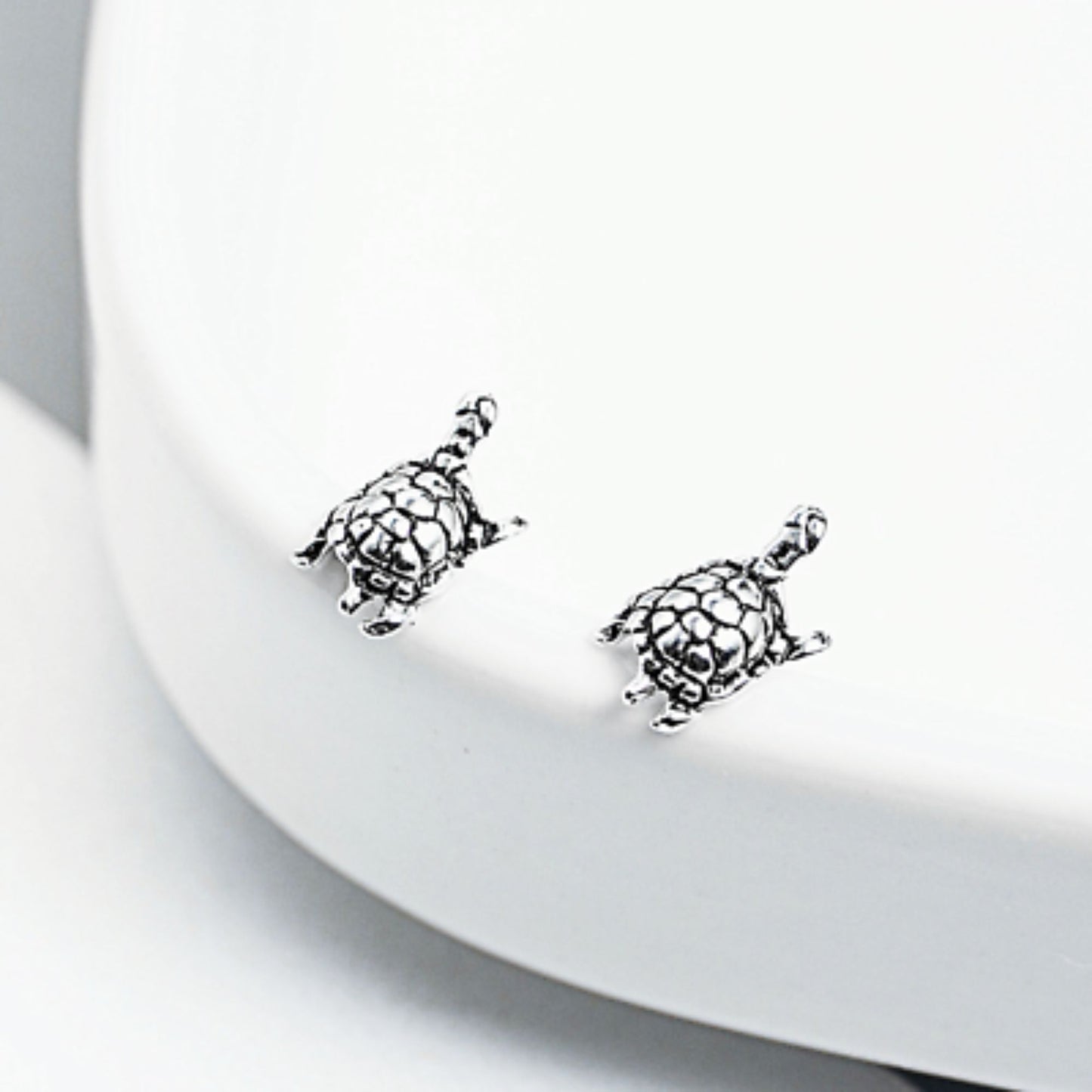 Sterling Silver Mini Oxidized 3D Tortoise Turtle Stud Earrings Boxed - sugarkittenlondon