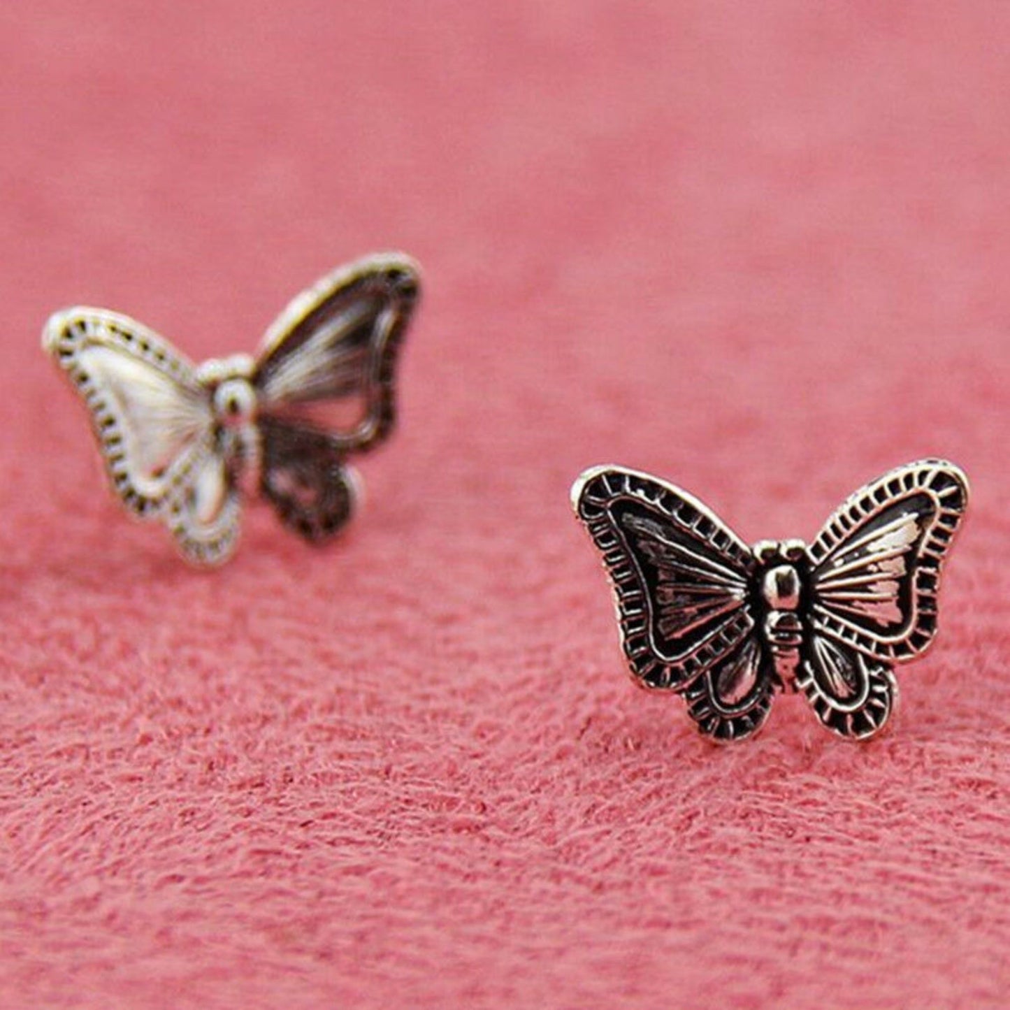 Sterling Silver Butterfly Studs Oxidized Dark Vintage Post Earrings - sugarkittenlondon