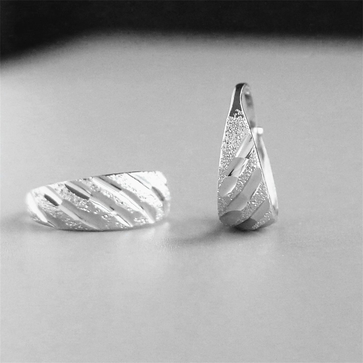 Sterling Silver Wide Diagonal Grooved Sandblasted Dome Sleeper Hoop Earrings
