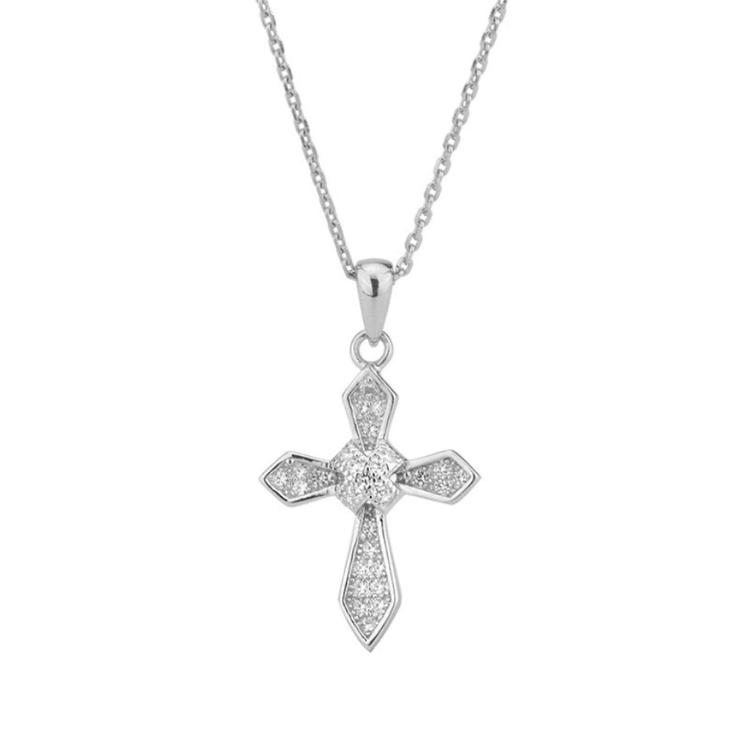 Sterling Silver Passion Cross Diagonal Cross Centre Paved CZ Pendant Necklace - sugarkittenlondon