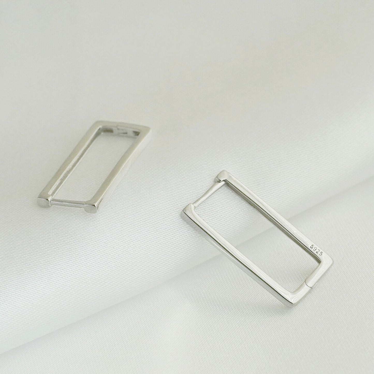 Long Line Square Huggie Hoop Drop Earrings in Rhodium-plated Sterling Silver
