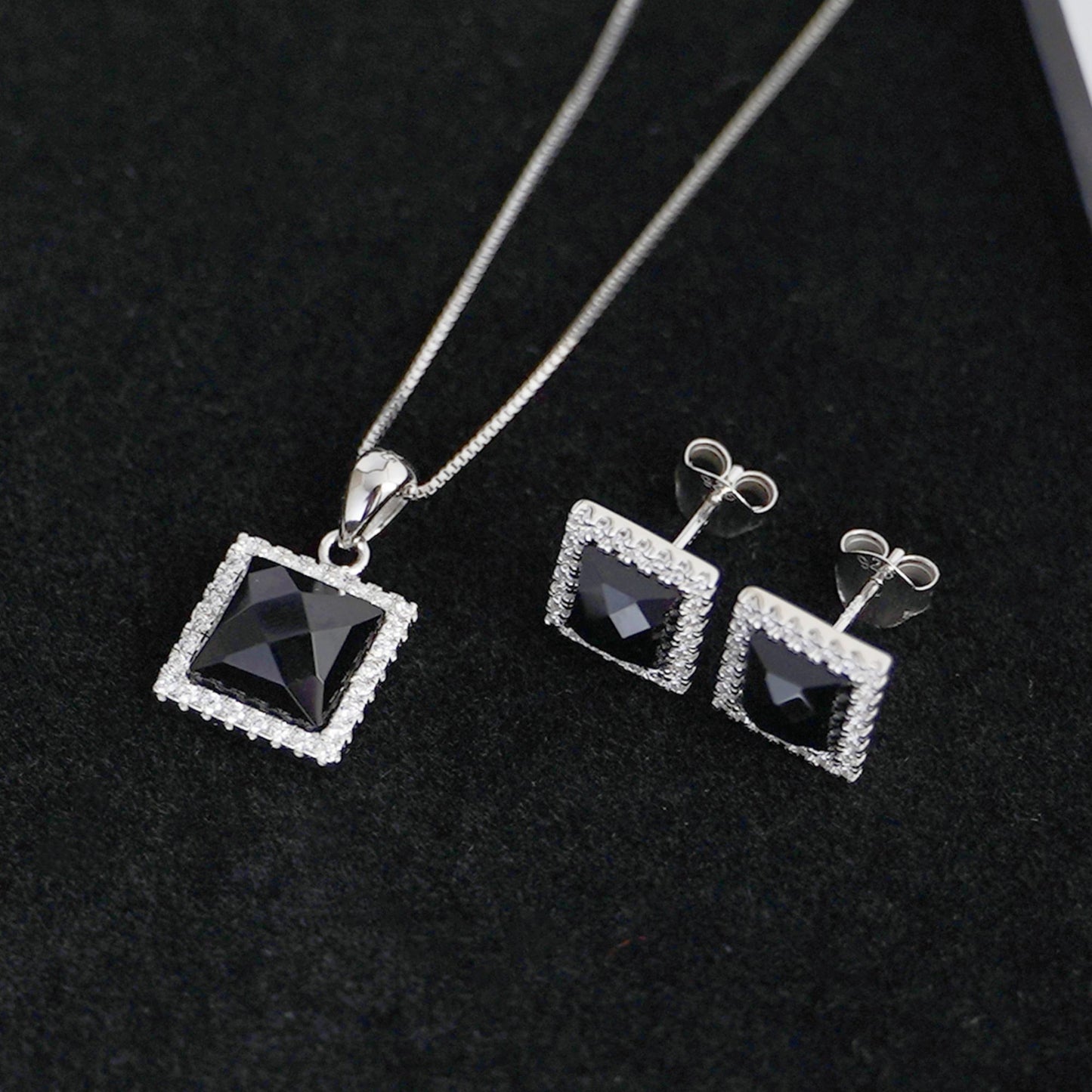 Sterling Silver Necklace and Earrings Set with Natural Black Agate Stone