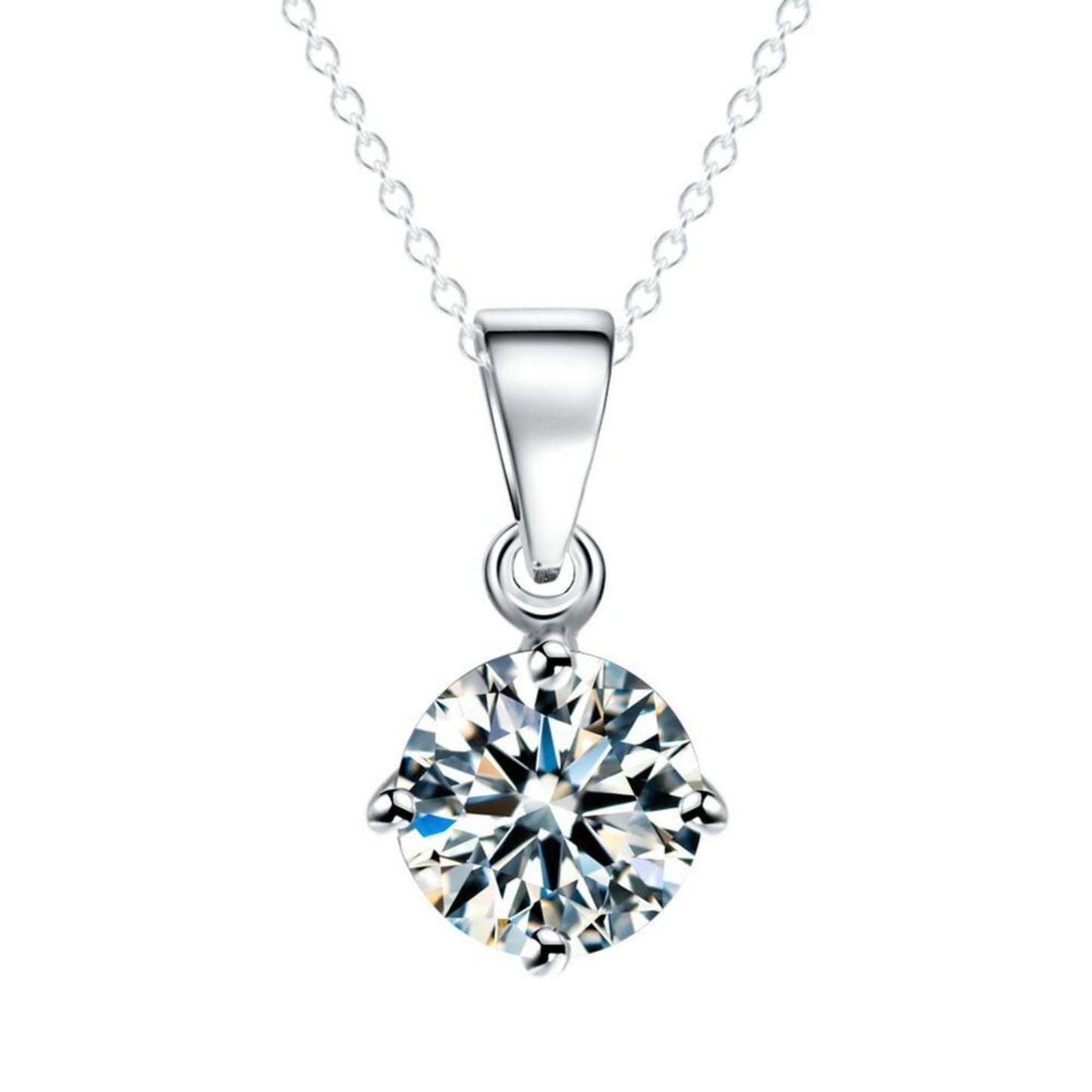 Sterling Silver Diamante 4 Claw Solitaire Clear 7mm CZ Pendant Belcher Necklace - sugarkittenlondon