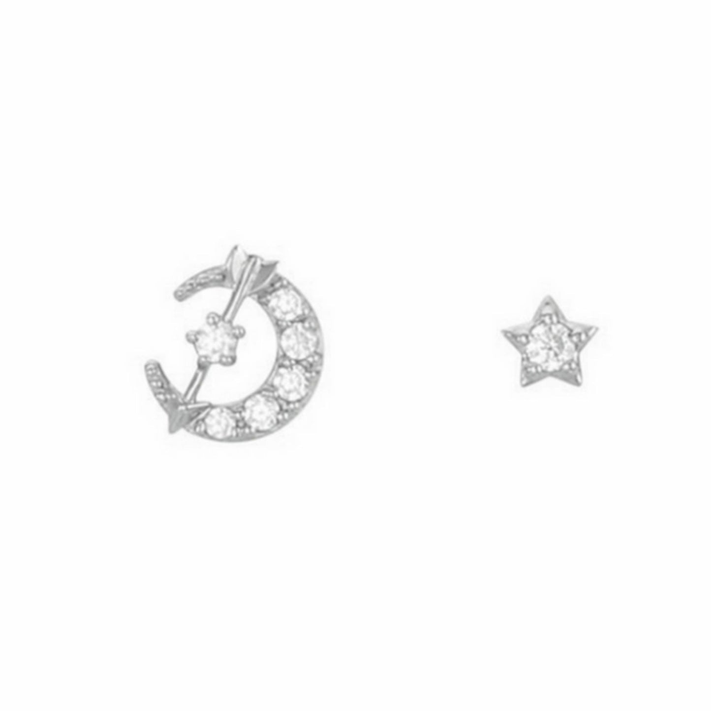 Sterling Silver Moon Star Love Arrow Stud Earrings with CZ Paving and Rhodium Plating