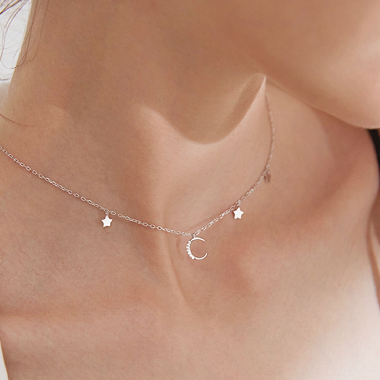 Sterling Silver Mini Moon Star CZ Crescent Charm Drop Choker Necklace - sugarkittenlondon