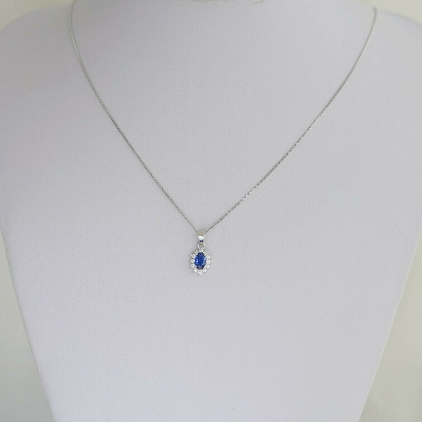 Sterling Silver Classic Blue Sapphire Colour Oval CZ Cluster Pendant Necklace - sugarkittenlondon