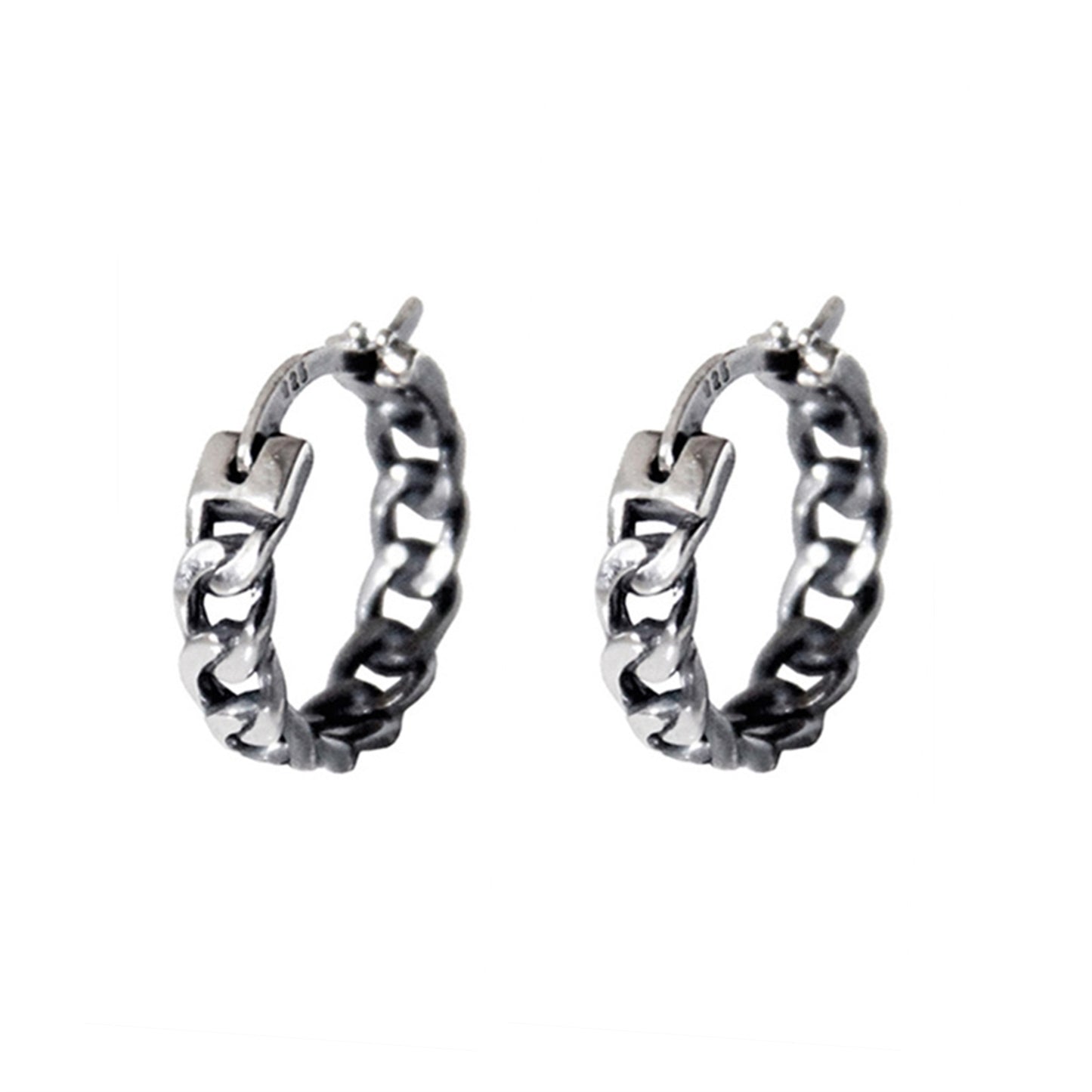 Unisex Sterling Silver Curb Chain Hoop Earrings with French Lock Closure