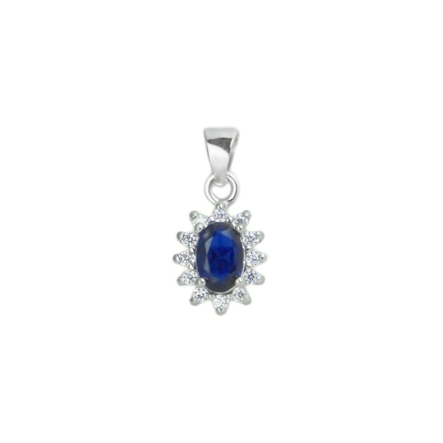 Sterling Silver Classic Blue Sapphire Colour Oval CZ Cluster Pendant Necklace - sugarkittenlondon